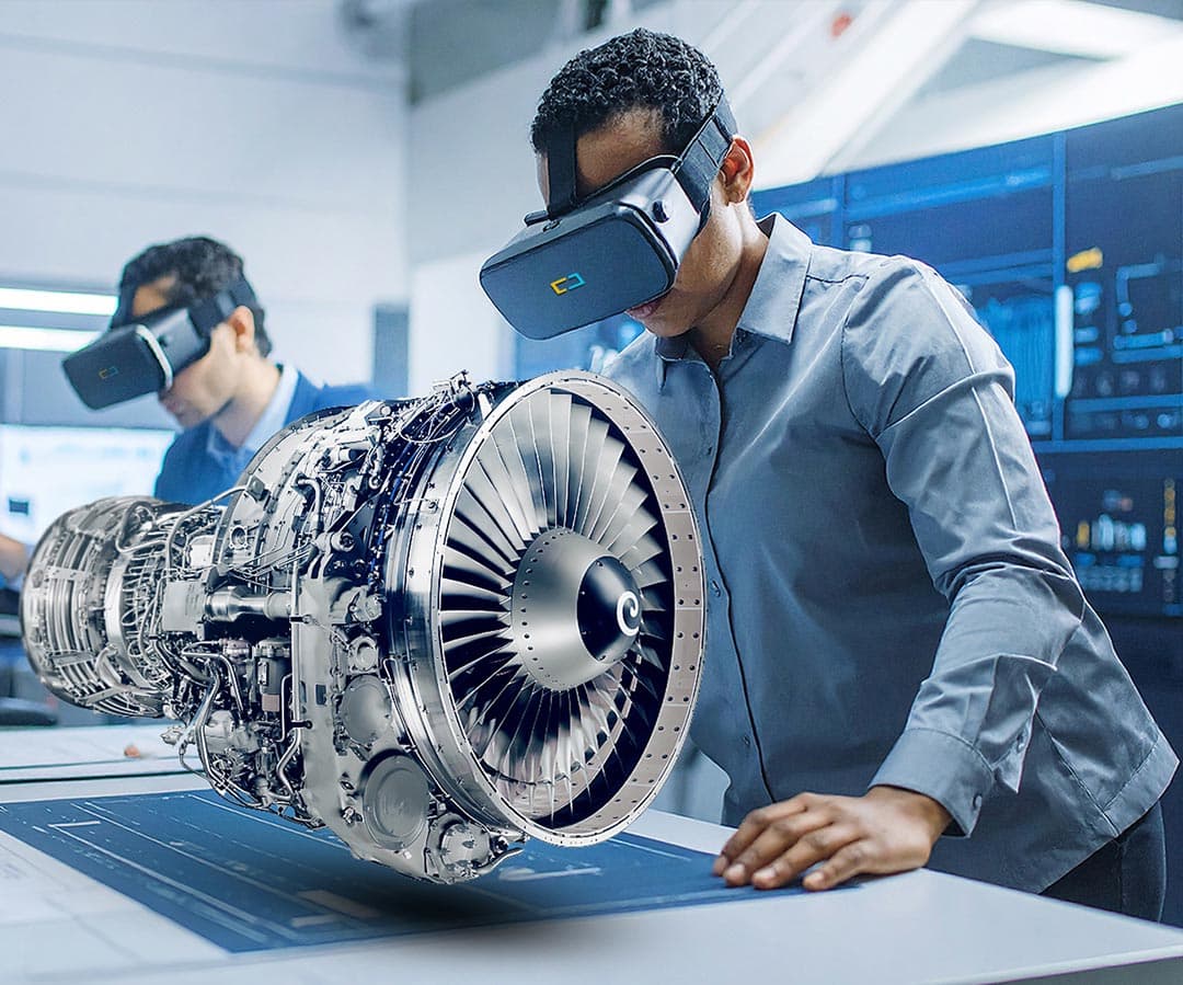 Engineers viewing a digital twin visualization in VR