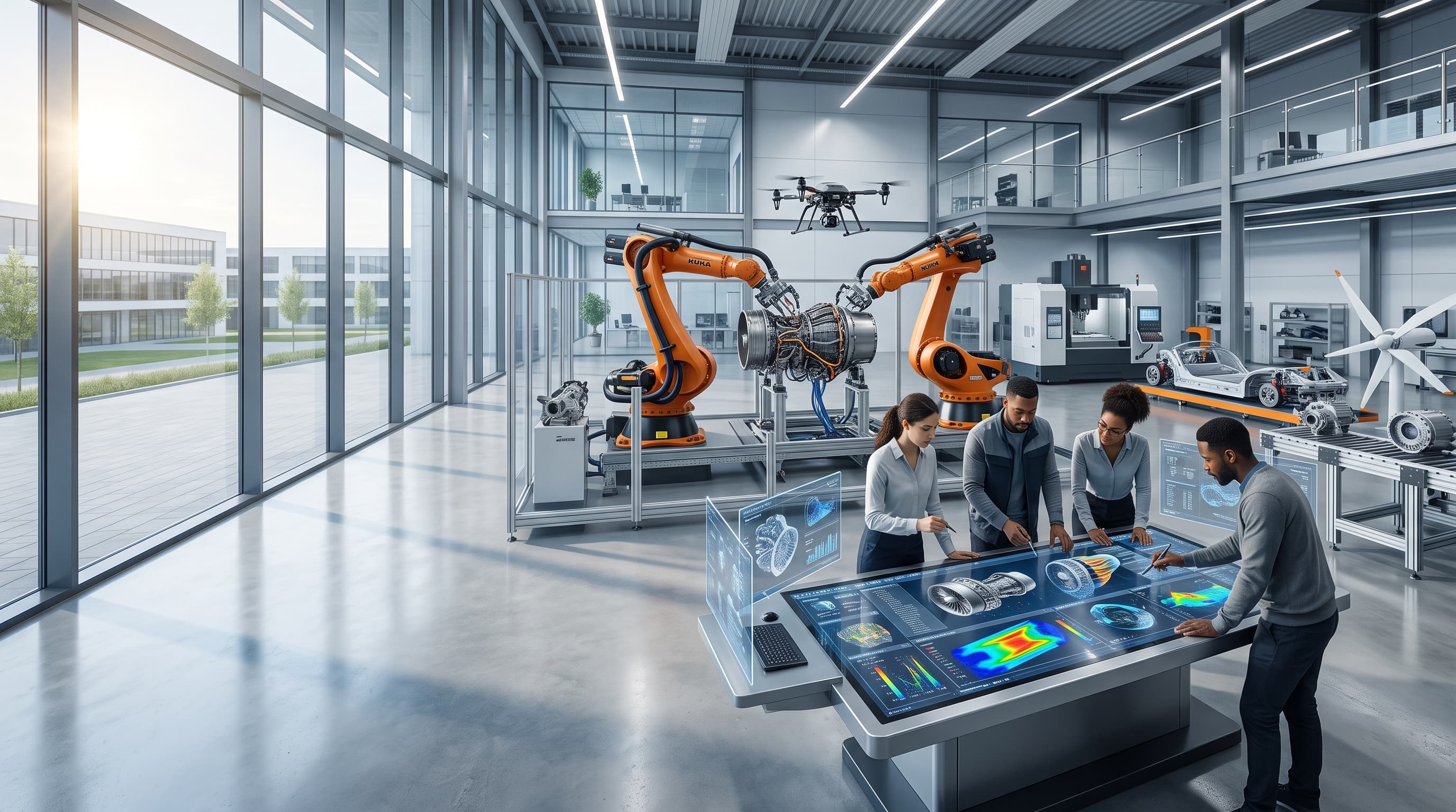 Engineers and robotics collaborating in an advanced drilling technology lab