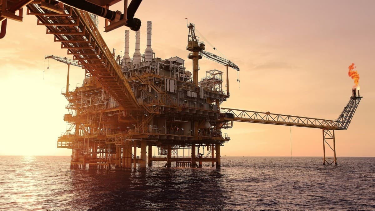 Offshore drilling platform at dusk