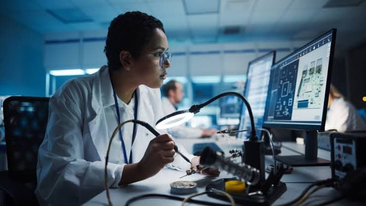 Engineer analyzing schematics in a research and development lab